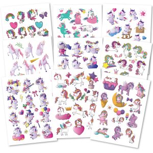 150 hautschonende Kindertattoos - Thema: Einhorn Magie - 9 Tattoobögen im A6-Format - made in Germany