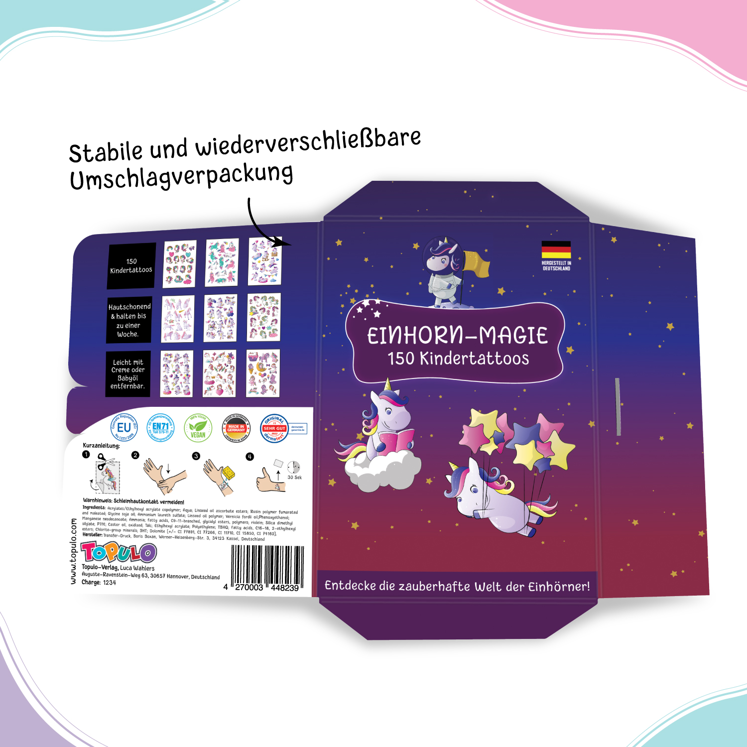 150 hautschonende Kindertattoos - Thema: Einhorn Magie - 9 Tattoobögen im A6-Format - made in Germany – Bild 4