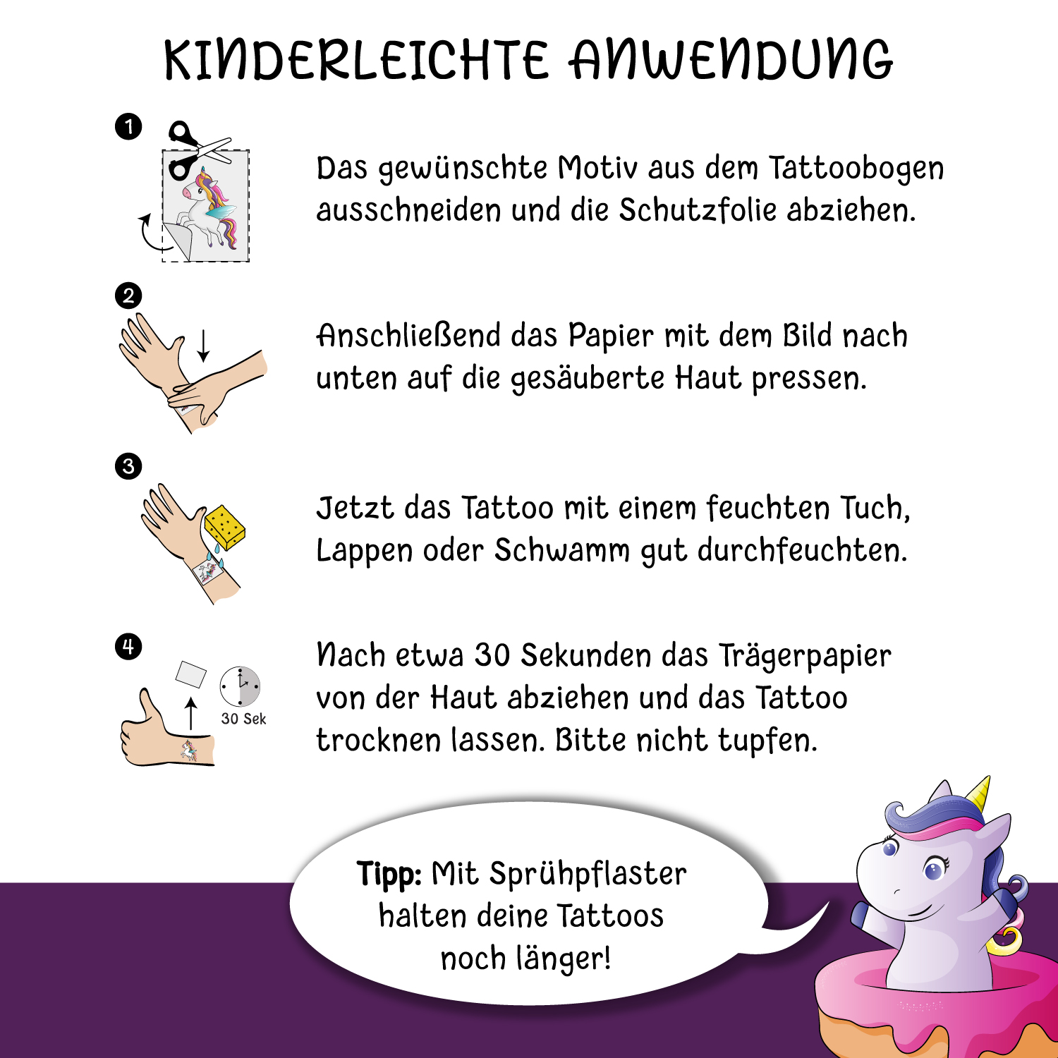 150 hautschonende Kindertattoos - Thema: Einhorn Magie - 9 Tattoobögen im A6-Format - made in Germany – Bild 8