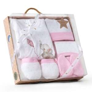 5-teiliges Erstausstattungs-Set für Neugeborene – Design „Elefant“ (Rosa)