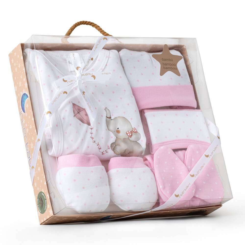 5-teiliges Erstausstattungs-Set für Neugeborene – Design „Elefant“ (Rosa)